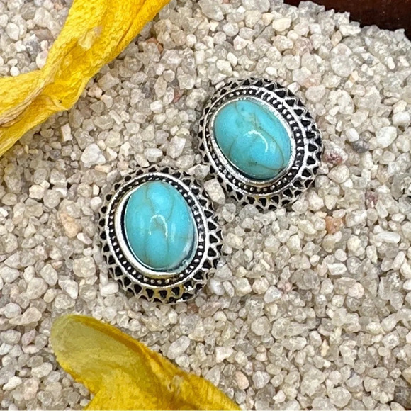 Turquoise and silver dainty western style stud earrings/protection and peace - Picture 1 of 5